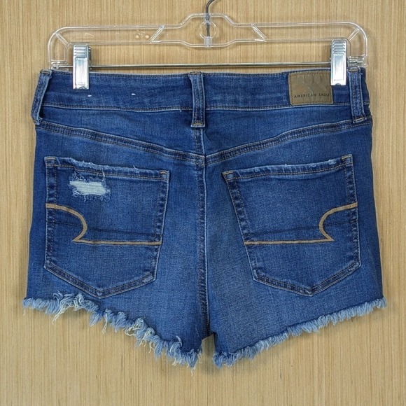American Eagle Super Stretch High Rise Button Fly Distressed Denim Shorts Blue 6 - Picture 3 of 9